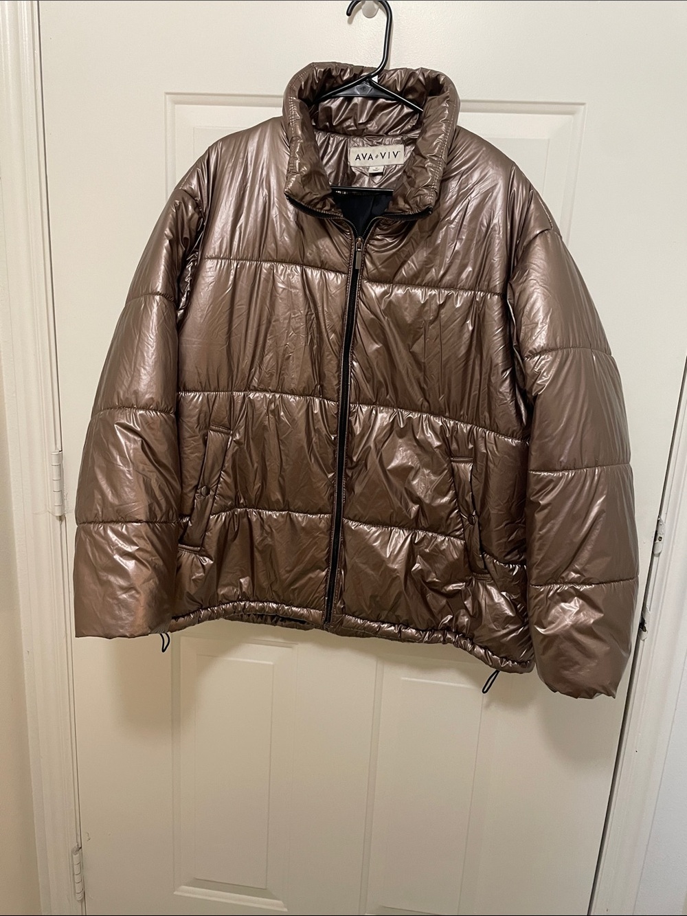 Ava & Viv Metallic Taupe Brown Puffer Jacket with drawstrings Sz 1X